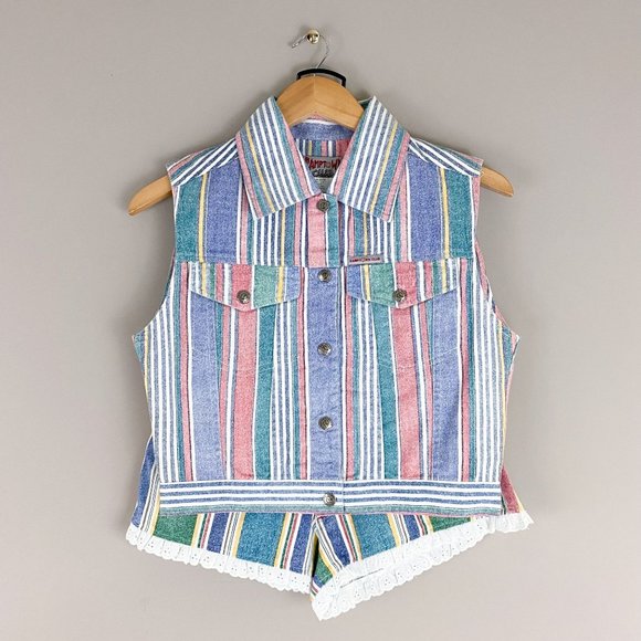 Vintage 80's 90's Camptown Club Stripe Vest and High Waisted Shorts 7/8 Juniors - Picture 1 of 5